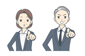 Fototapeta premium 真剣な表情で前方を指さす中年のビジネスマンと中年のビジネスウーマンのイラスト