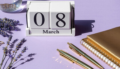 March 8th on a calendar, with lavender and gold stationery on purple, symbolizing global female empowerment and recognition