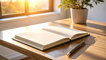 Open notebook on wooden desk with sunlight glow morning light home office cozy plant pen calm minimal