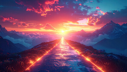 Radiant sunset glowing horizon neon path mountain landscape cloud sea dramatic sky vibrant color surreal scene fantasy nature epic light