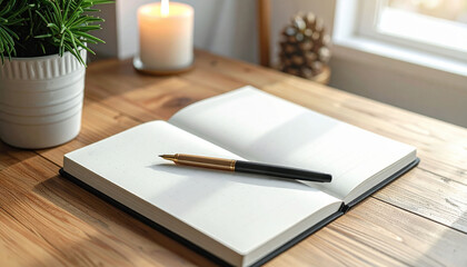 Open notebook fountain pen wooden desk natural light cozy home office candle plant minimal workspace writing journal morning calm