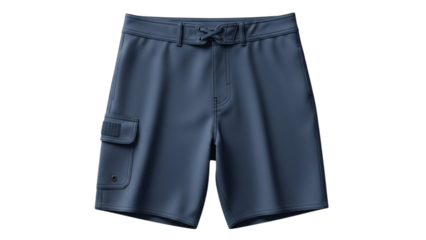 Navy blue men's board shorts with cargo pocket isolated on transparent background PNG vector illustration realistic swim trunks beachwear summer apparel activewear for water sports stock asset