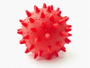 Red spiky ball resting on a white surface with bright lighting