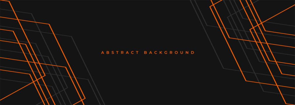 Black abstract wide horizontal banner with orange and gray lines and angles. Dark modern sporty bright futuristic horizontal abstract background. Vector illustration EPS10.