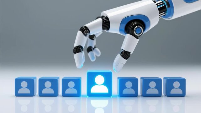 AI Online job search recruitment. Robotic hand selecting candidate, hr automation system for resume screening hiring leadership growth in business recruitment process