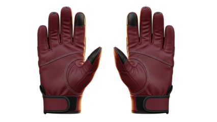 Maroon red leather gloves with touch screen tips velcro closure padded protection shiny finish motorbike driving fashion accessory realistic PNG graphic