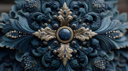 A symmetrical ornate design features a central blue marble cabochon, surrounded by golden metallic filigree. It rests on a deeply textured dark blue sculpted background with gold accents.
