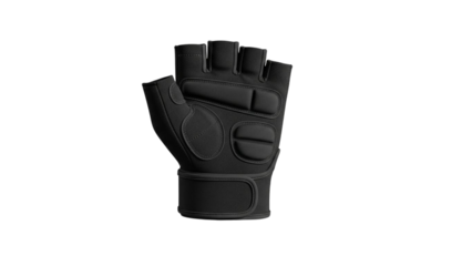 Black fingerless gym gloves with padded palms velcro closure breathable material workout protection fitness training weightlifting accessory vector graphic