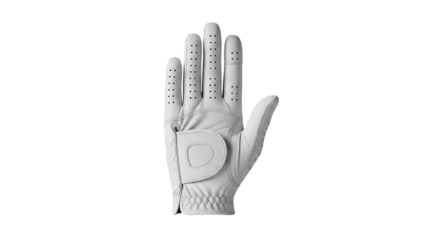 Premium white golf glove with perforated holes leather texture velcro closure breathable design left hand sports accessory equipment emblem vector graphic