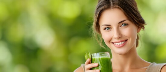 Smiling young woman holding a glass of green detox diet smoothie
