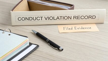 Organized desk with conduct violation record binder and filed evidence card for office or legal documentation tasks