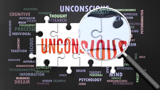 Unconscious under magnifying glass, being researched, studied and examined. Most important subjects and ideas closely related to unconscious written around a puzzle.Can be looped.