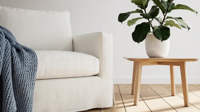 Cozy minimalist living room corner with a white slipcovered armchair, blue knit throw blanket, wooden side table, and fiddle leaf fig plant