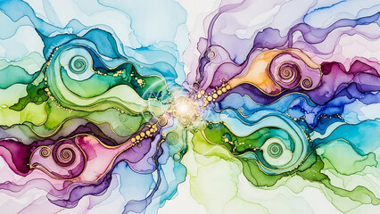 Swirling abstract ink with gold accents and vibrant blue green purple hues ink alcohol ink fluid swirling