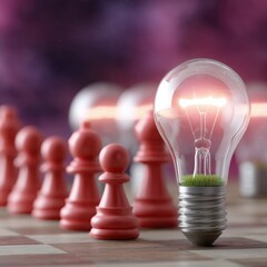Conceptual chess game with light bulb formation during twilight