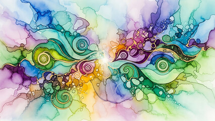 Swirling abstract ink with vibrant green blue purple and gold accents ink alcohol ink organic fluid