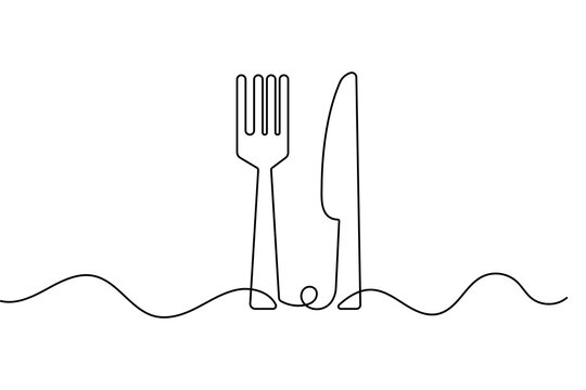 Cutlery fork and knife continuous one line drawing for restaurant menu minimalist vector design - Powered by Adobe