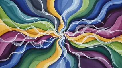 Swirling abstract waves of blue green yellow purple and white ribbons background