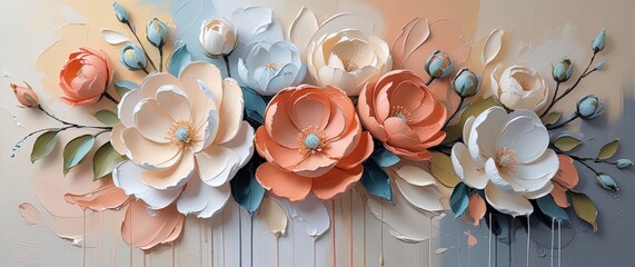 Floral abstract oil painting. Textured canvas, impasto. Peach, coral, ivory, blue, green. Beige/gray gradient. Drips. Boho, minimalist. Wallart.