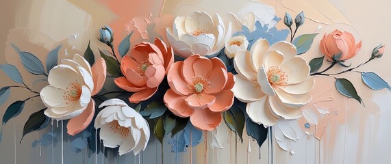 Floral abstract oil painting. Textured canvas, impasto. Peach, coral, ivory, blue, green. Beige/gray gradient. Drips. Boho, minimalist. Wallart.