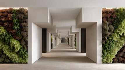 Modern corridor featuring vibrant green wall installations and minimalistic architectural design in an urban environment