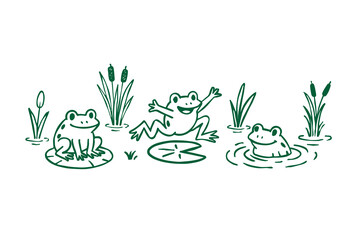 Frogs in reeds illustration in retro doodle linear style. Vector hand drawn Frogs, reeds, lily pads, pond elements playful nature scene in trendy retro design illustration