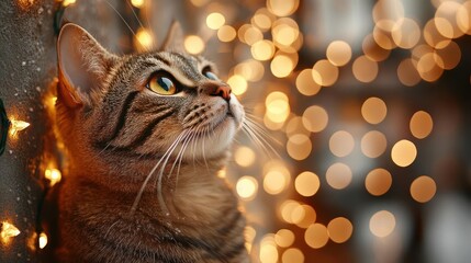 Close up portrait of a tabby cat with glittering fur looking up towards soft golden bokeh lights outdoors in warm lighting during the holiday season