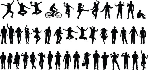 People silhouette vector, jumping, dancing, cycling, posing, black figures, human activity, body movement, celebration, lifestyle clipart, stock illustration