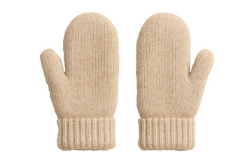 Pair of warm beige knitted woolen mittens for winter season protection and hand comfort during cold weather activities or outdoor holiday travel isolated on transparent background