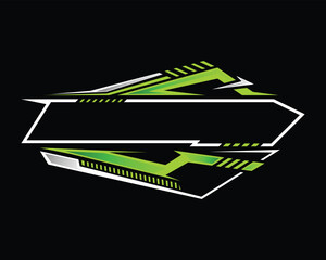 Abstract style racing logo design in neon green and white on a black background