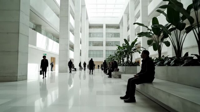 Business people walking and waiting in a bright, modern, minimalist corporate or government building lobby atrium