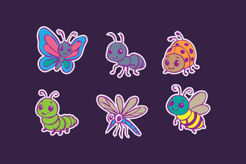 Set of cute insects colorful sticker. Vector hand draw butterfly, ant, ladybug, bee, mosquito, caterpillar, dragonfly and beetle. children illustration isolated on white background