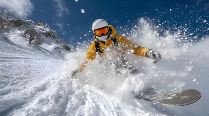 An extreme snowboarder rides fresh powder on a sunny mountain slope creating a stunning snow spray with a blue sky backdrop in winter.