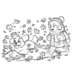 Transparent Black Line Art of Little Girl Walking With Dog in Autumn