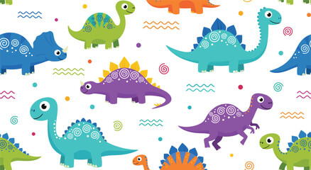 Cute Colorful Dinosaur Seamless Pattern with Cartoon Prehistoric Animals in Playful Flat Vector Illustration Style © MdMojnu