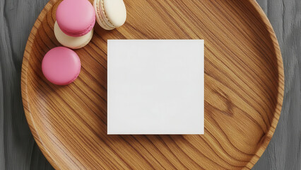 Square white card on wooden plate with colorful macarons, perfect for Valentine's Day greetings, showcasing a delightful dessert arrangement with copy space for messages
