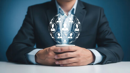 Businessman in formal attire holds a glowing globe with interconnected user icons, symbolizing digital networking and global communication in a modern corporate environment