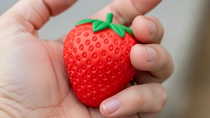 Hand holding red artificial strawberry with green stem and leaves