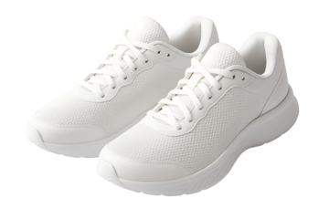 Pair of modern white athletic sneakers with laces for fitness training running sports and comfortable daily casual walking footwear for active lifestyle isolated on transparent background