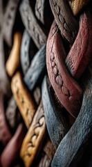 Colorful woven wooden patterns create a unique texture and design in a handcrafted piece of art