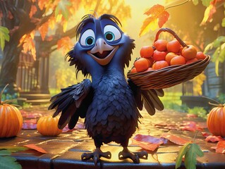 Raven Harvesting Apples And Pumpkins In Autumn