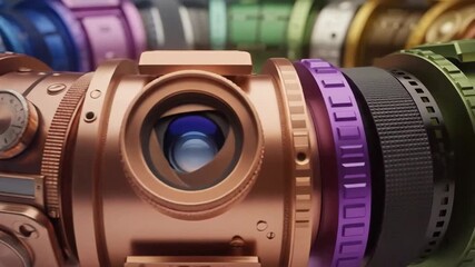 A circle of metallic camera lens objects in various colors, showcasing intricate mechanical details. - Powered by Adobe