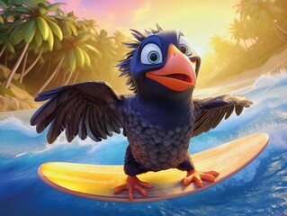 Raven Surfing In Tropical Paradise With Palm Trees