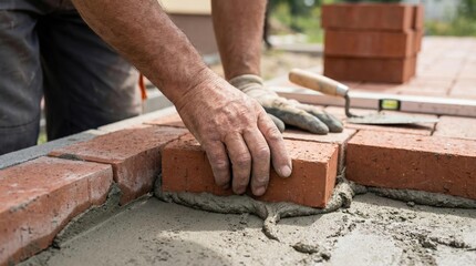 Skilled construction worker laying bricks with precision on a fresh mortar bed, showcasing craftsmanship and dedication to building a sturdy structure in a sunny outdoor environment