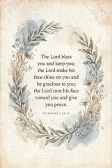 The Lord bless you Bible verse wall art, Numbers scripture typography. Elegant botanical wreath illustration, vintage blue devotional wall art design