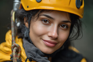 Portrait of a climber in a yellow helmet smiling after a successful ascent in the mountains