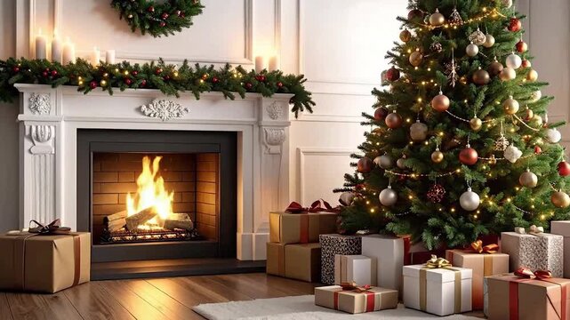 Warm and inviting holiday scene with a decorated tree and cozy fireplace.