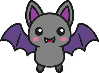 Fototapeta premium Cute kawaii vampire bat character with purple wings for kids halloween
