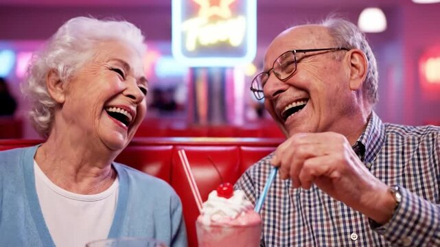 Joyful senior couple celebrating Valentine's Day with a shared milkshake and pet-themed decor - Powered by Adobe
