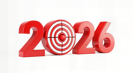 2026 Red 3D Numbers with Target and Arrow - Business Goal Planning, New Year Resolution Concept


